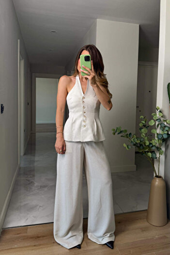 Sue Store Stone Color Buttoned Trousers Blouse Linen Suit