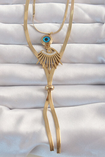 Clariss 316L Steel Gold Color Zircon Stone Eye Detail Evil Eye Long Elevator Model Necklace