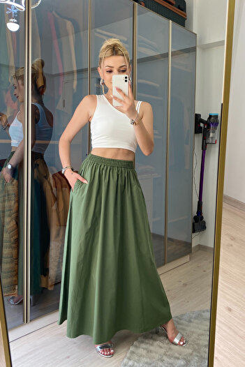 moddosa fashion Long Poplin Skirt with Pockets and Elastic Waist