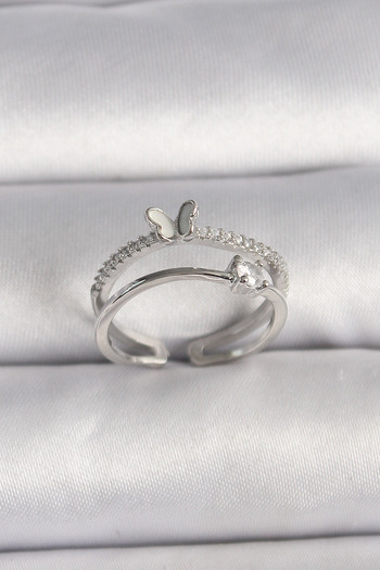 Clariss Brass Silver Color Zircon Stone Butterfly Figured Adjustable Ring