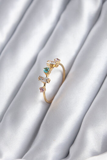 Clariss Women's Ring with Gold Color Zircon Stone and Colorful Zircon Stone
