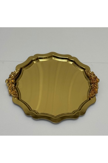 SEVA ÇELİK 1 Piece Gold Round Wavy Model Service Tray with Handle 25 cm