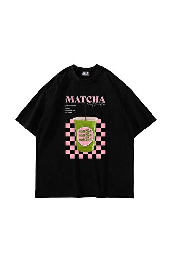 Sekizbiraltı Matcha Iced Latte Printed Oversize Unisex Black Tshirt