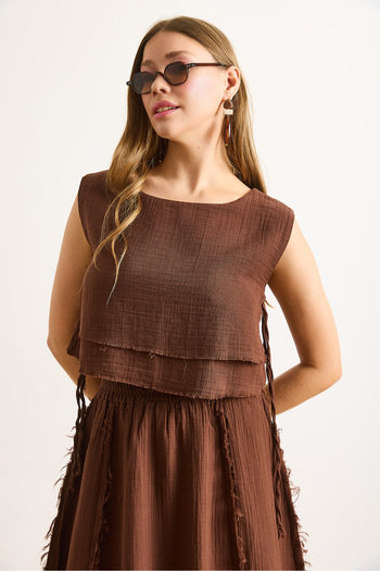 Olalook Women's Bitter Brown Double Layer Dirty Stitching Lace Detailed Muslin Blouse Blz-19002924