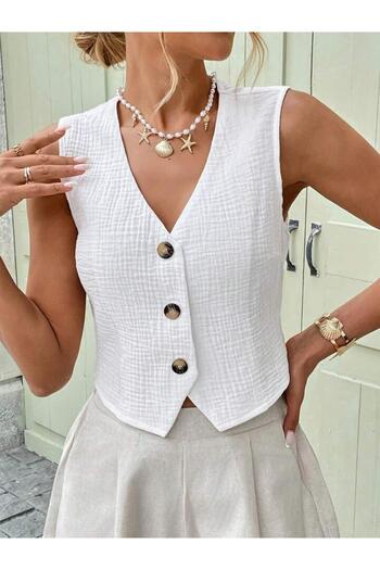 trendgar White Muslin Buttoned Cotton Woven Vest