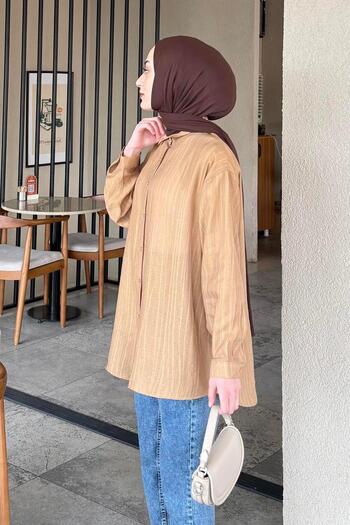 lamelif Siena Linen Hijab Shirt Chocolate Brown