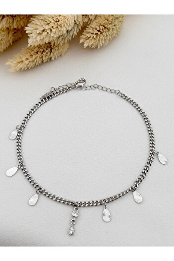 Siya Silver Patterned Sequin Herringbone Chain Steel Anklet