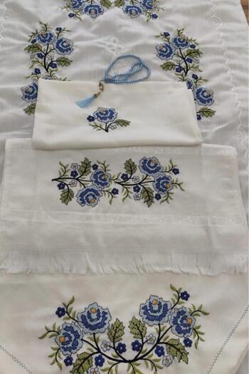 Çeyiz Diyarı Cross Stitch Embroidered Bundle Set Flower Blue