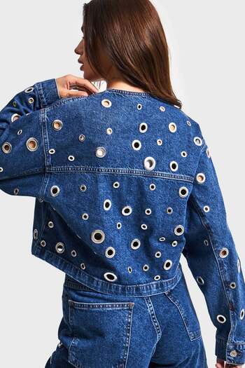 its basic Women's Blue Color 1S5-5 Bird Eye Detailed Crop Oversize 100% Cotton Design Denim Jacket