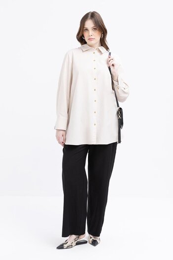 ALLDAY Large Size Linen Shirt with Stone-Cuff Slit Detail