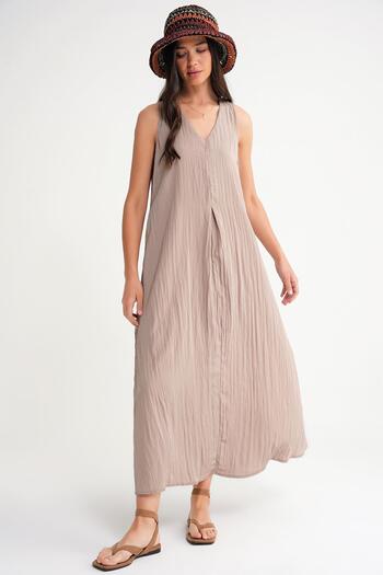 Mixray 4700 Women's V-Neck Front Pleated Dress Latte