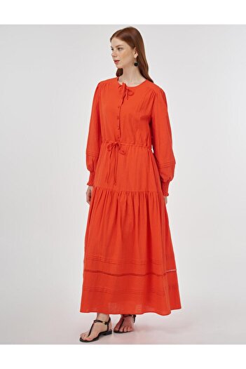 Kayra Lace Detailed Seersucker Dress Coral