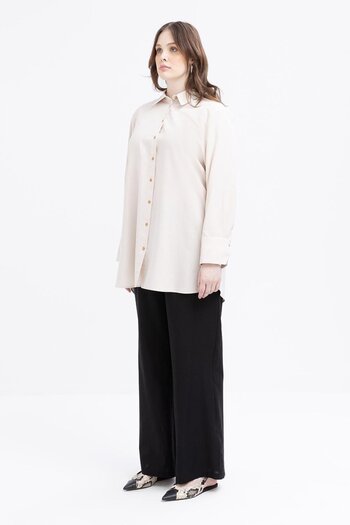 ALLDAY Large Size Linen Shirt with Stone-Cuff Slit Detail