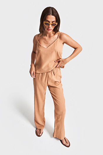 its basic Women's Brown Color S5-36 Relaxed Cut Summer Fabric Trousers Bustier 2-Piece Combination