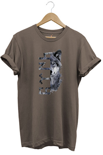 WİDİ Türkiye Bozkurt Göktürkçe Τουρκική γραφή και Wolf printed Regular Fit 100% βαμβακερό καφέ μπλουζάκι
