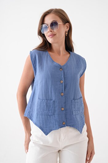 saint majesta Muslin Pocket Vest Blouse - 100% Cotton Front Button Women's Top - Sm034