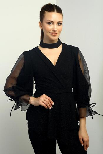 By Saygı Double Breasted Neck Sleeves Semi Organza Lined Glitter Blouse