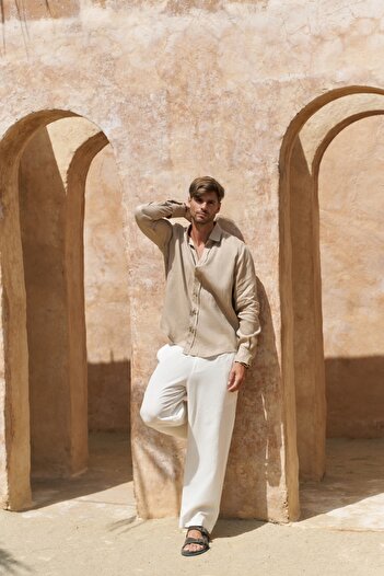 BOHEMAİ Agnola Oversize Men's Beige Linen Shirt