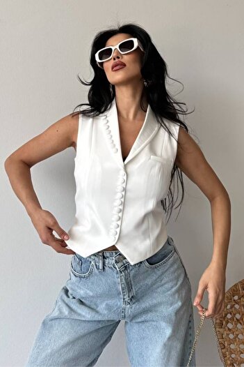 spirituel Women's Vest Short Stylish Button Detailed Jacket Collar Sleeveless Vest