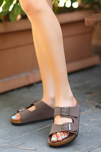 Zerenyus Rıno Brown Double Buckle Comfortable Nubuck Slippers