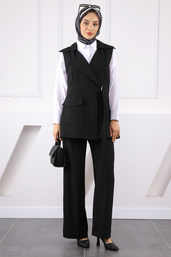 İmajButik Black Belted Vest and Trousers Suit