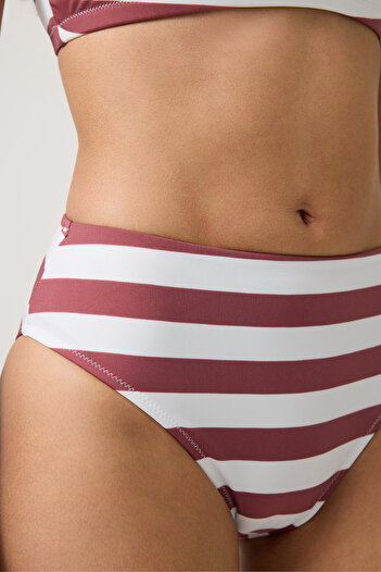 Los Ojos Burgundy-White Striped High Waist Bikini Bottom Sporty Bottom