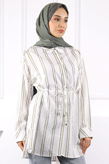 İmajButik Khaki Stone Detailed Striped Tunic