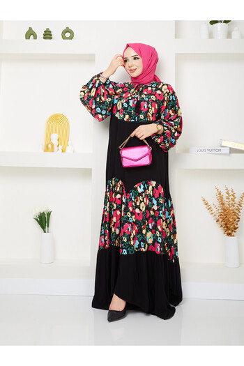 EL jadida Women's Plus Size Floral Pattern Garnished Pompom Detailed Hijab Dress Black