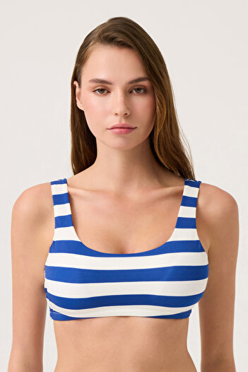 Los Ojos Navy Blue-White Striped Square Neck Sports Bikini Top Sporty Top