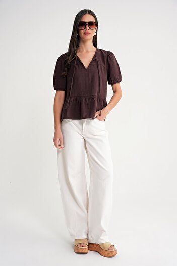 Mixray 4715 Women's Collar Tie Short Sleeve Muslin Blouse Brown