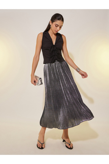 Styli Solid Elasticated Waistband Pleated Maxi Skirt
