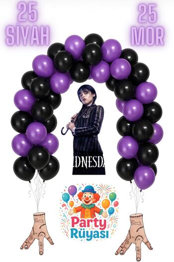 partyrüyası 50 Adet Mor-Siyah Wednesday Balon Zincir Set Wednesday Doğum Günü Konsepti Balon Set Zincir Hediyeli