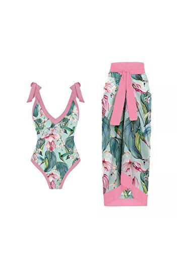 Eros Zone Premium One Piece Swimsuit With Skirt, S, Floral Print, Green-Pink, Tropical Bloom