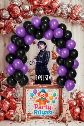 partyrüyası 50 Adet Mor-Siyah Wednesday Balon Zincir Set Wednesday Doğum Günü Konsepti Balon Set Zincir Hediyeli