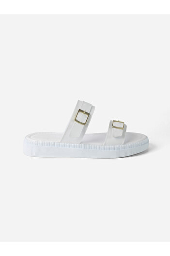 MAGGIO White Women's Comfortable Sole Double Gold Color Buckle Slippers