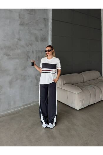 OTAKU Women's Modal Fabric Stripe Detailed T-Shirt Pants Set