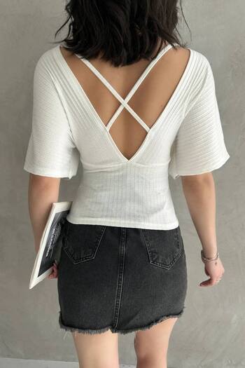 LB Laluna Butik Women's Moon Sleeve Double Breasted Collar Back Cross Band Detailed Blouse