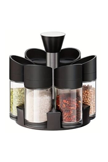 Rovitech Set of containers for herbs and spices placed on a rotating stand, Plastic, Black