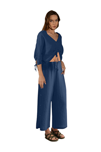 clavia Muslin Shirt Bustier, High Waist Wide Leg Casual Pants, Summer Bottom-Top Set