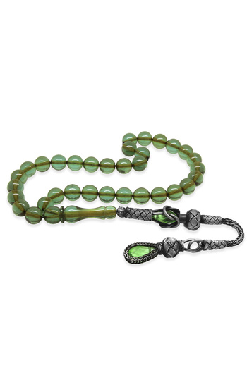 Tesbihane 1000 Sterling Silver Kazaz Tassel Sphere Cut Water Green Fire Amber Prayer Beads