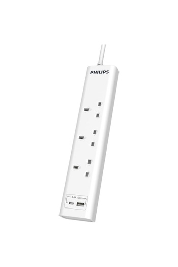 Philips 13A 3-Socket 2-USB UK Plug Power Extension Cord White 3m