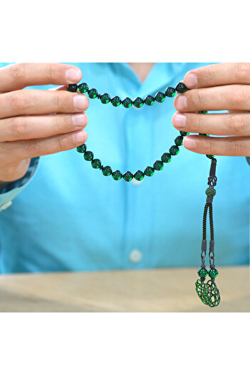 Tesbihane 1000 Sterling Silver Special Kazaz Tasseled Istanbul Cut Green Fire Amber Prayer Beads