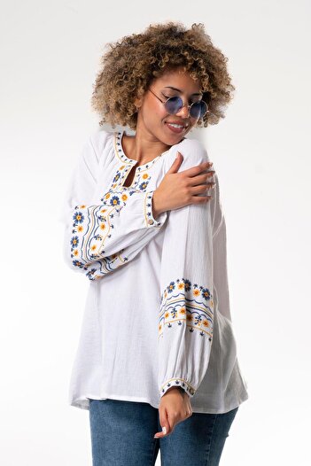 Eliş Şile Bezi Long Sleeve Şile Bezi Gülruh V Neck Embroidered Blouse White Byz