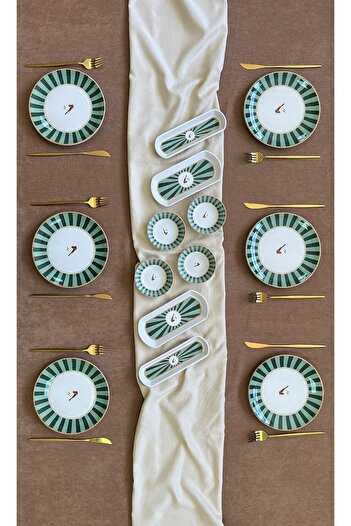 Erbaşlar Love Bird Green Round 14 Piece Luxury Breakfast Set for 6 People Breakfast Set
