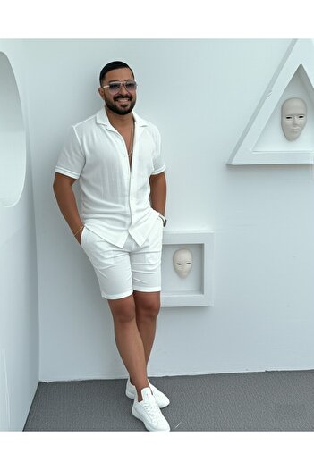 Fifty Color Alaçatı Style Wrinkled Crinkle Fabric Summer Lycra Men's Short Sleeve Shirt and Shorts Set