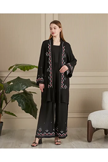 EL jadida Women's Embroidered Belted Plus Size Suit Black Red