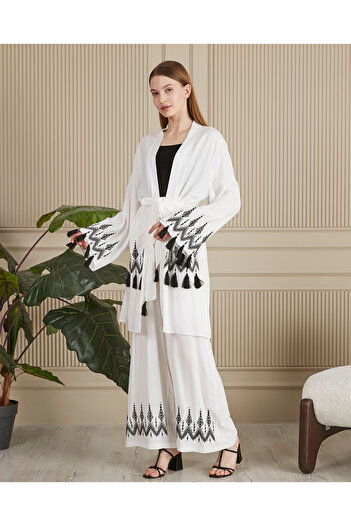EL jadida Women's Embroidered Belted Plus Size Suit White