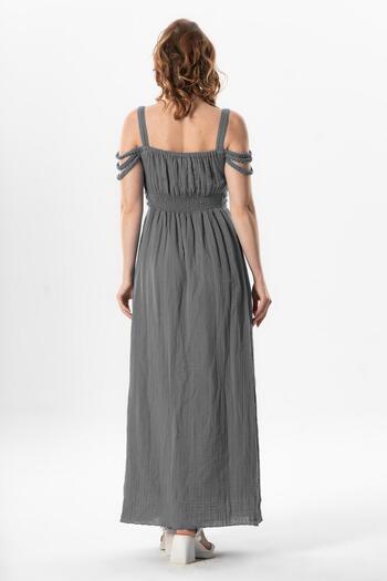 Eliş Şile Bezi Strappy Cleopatra Sleeve Detailed Long Muslin Summer Dress Gray Gray