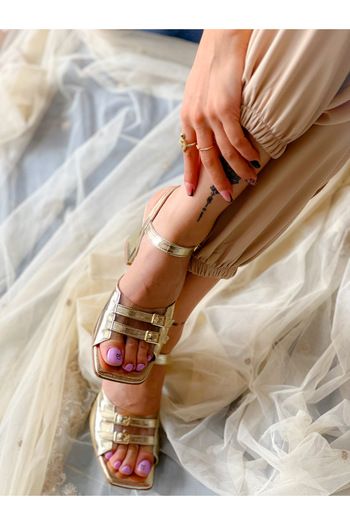 BERFONA Lily Gold Transparent Detail Buckle 7 cm Heel Sandals