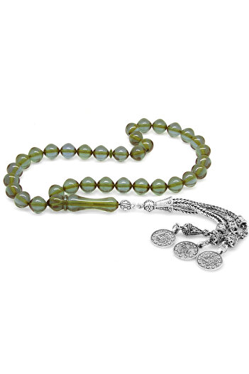 Tesbihane Non-Tarnish Metal Rosary with Tassels Istanbul Cut Water Blue Fire Amber Prayer Beads